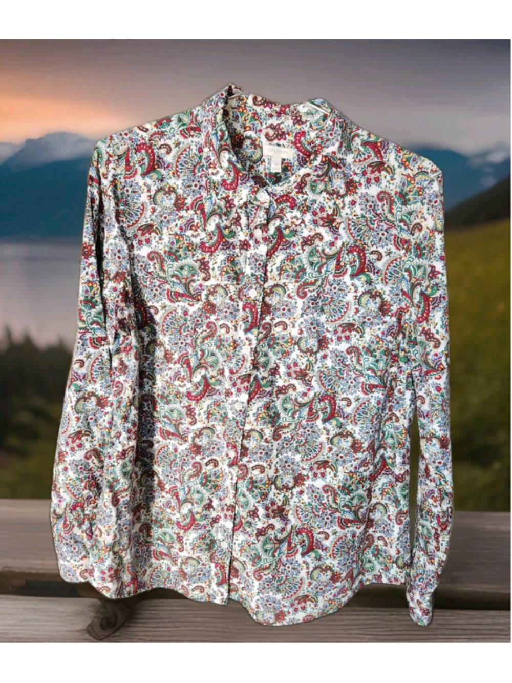 Talbots Womens Blouse Paisley Print Medium Long Sleeves Button Up 100% Cotton